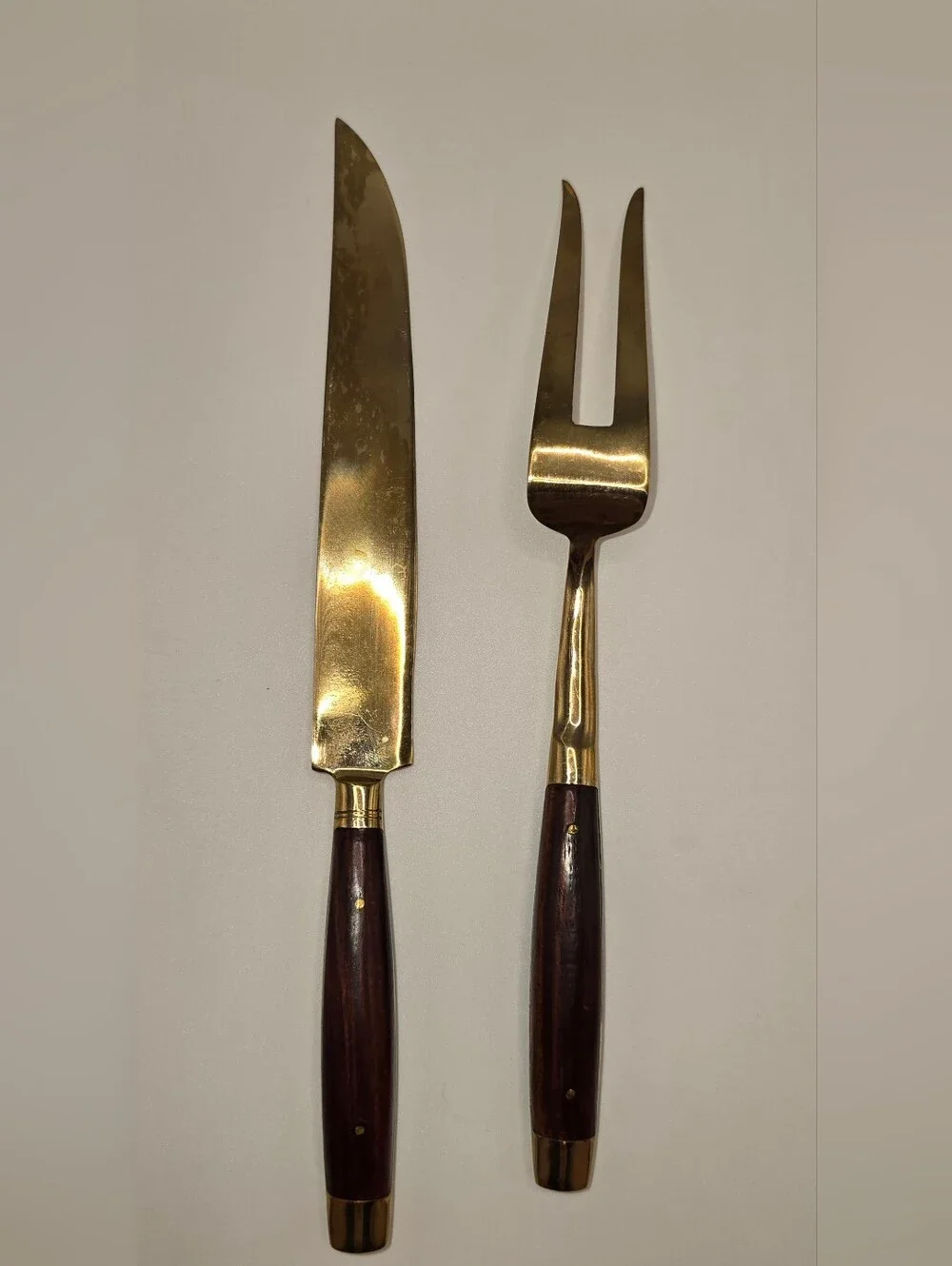 Mid-century Carving Knife & Fork Set Brass/Bronze Alloy with Teak Wood Handle